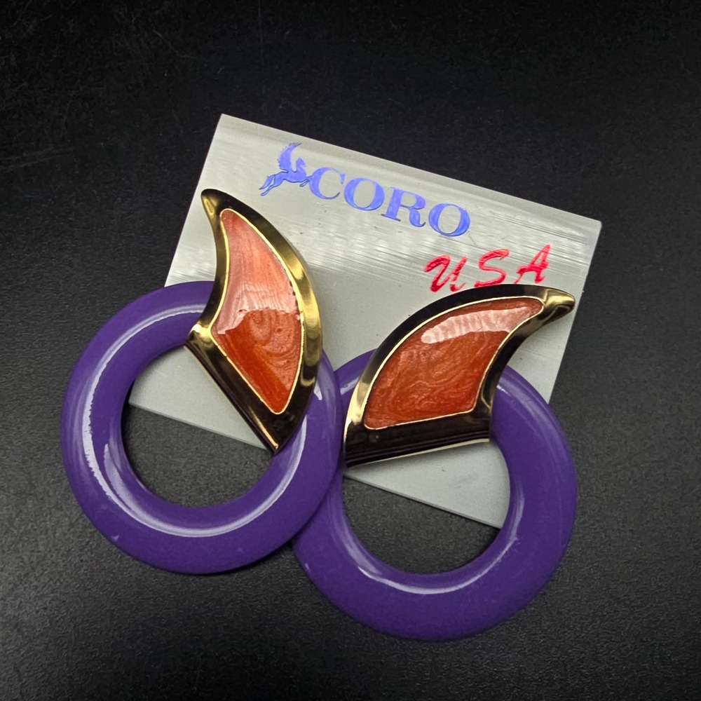 Coro Purple Peach Enamel Hoop Earrings NOS On Card 1980s